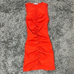 Zara Orange Sleeveless Ruched Mini Dress